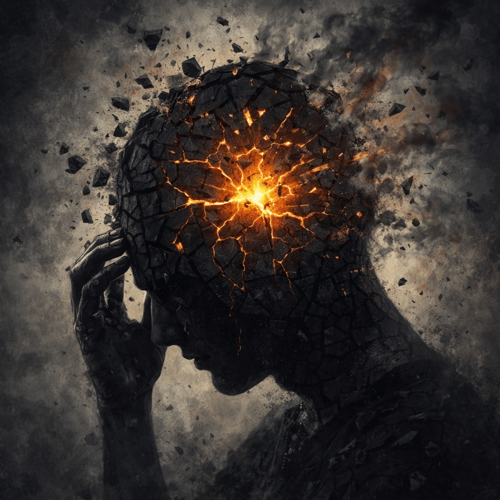 Dark silhouette of a person with head cracking and glowing fiery cracks spreading outward