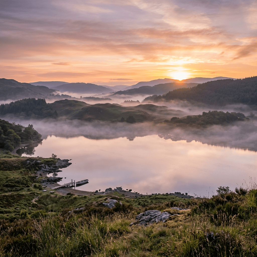 Calm lake reflecting misty hills and sunrise with a small dock and boat.