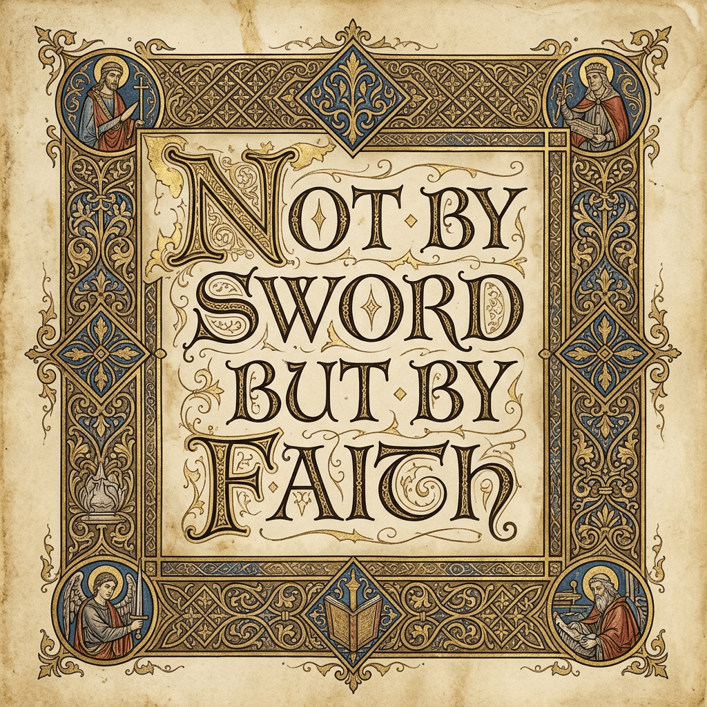 'Not by sword but by faith' in medieval calligraphy surrounded by decorated borders and religious figures.